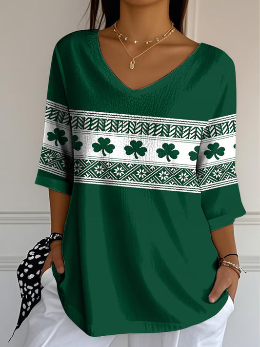 Women's St. Patrick's Day Shamrock Print Casual V-Neck Top