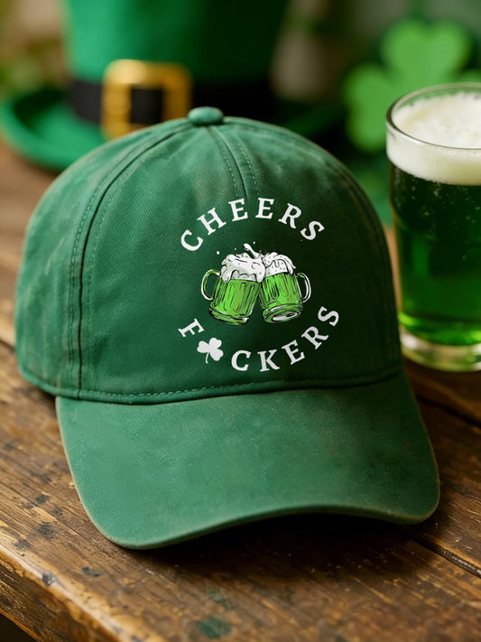 Unisex Funny St Patrick's Day Cheers F*ckers! Green Beer Shamrock Print Hat