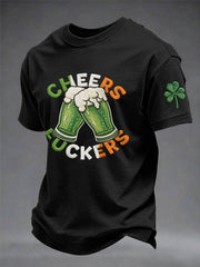 Men's Funny St Patrick's Day Cheers F*ckers Green Beer Shamrock Print Casual Tee