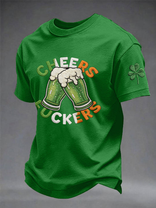 Men's Funny St Patrick's Day Cheers F*ckers Green Beer Shamrock Print Casual Tee