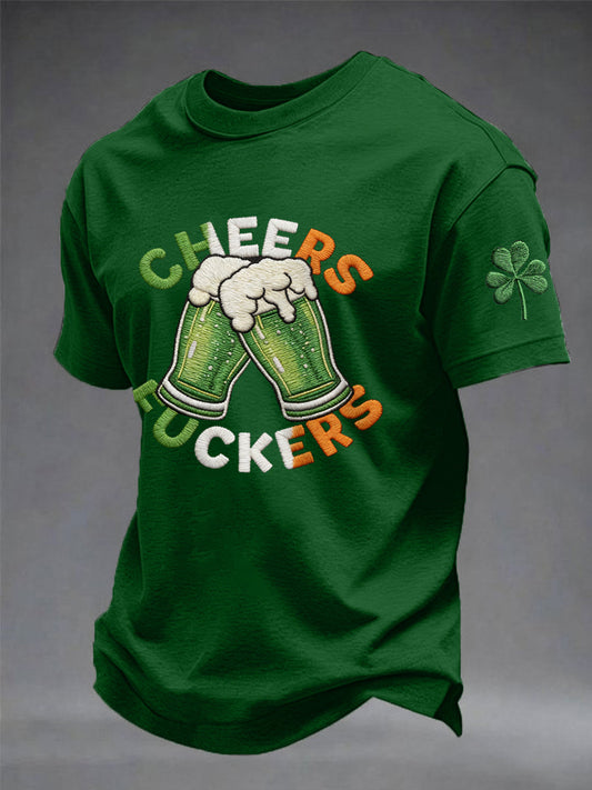 Men's Funny St Patrick's Day Cheers F*ckers Green Beer Shamrock Print Casual Tee