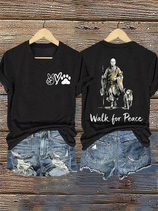 Women's Retro Walk For Peace Monks With Aloka Dog Printed V-neck T-Shirt