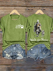 Women's Retro Walk For Peace Monks With Aloka Dog Printed V-neck T-Shirt
