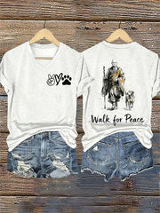 Women's Retro Walk For Peace Monks With Aloka Dog Printed V-neck T-Shirt