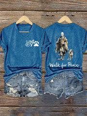 Women's Retro Walk For Peace Monks With Aloka Dog Printed V-neck T-Shirt