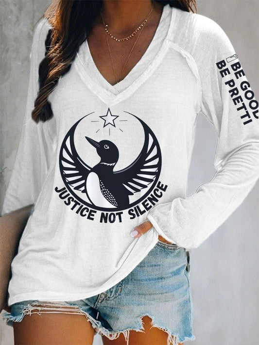 Women's Justice Not Silence Be Good Be Pretti Anti ICE V-Neck Long-Sleeve T-Shirt