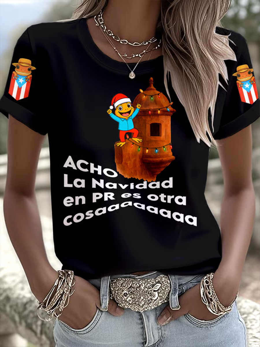 Women's Puerto Rico Christmas Print Iron On Short Sleeve T-Shirt