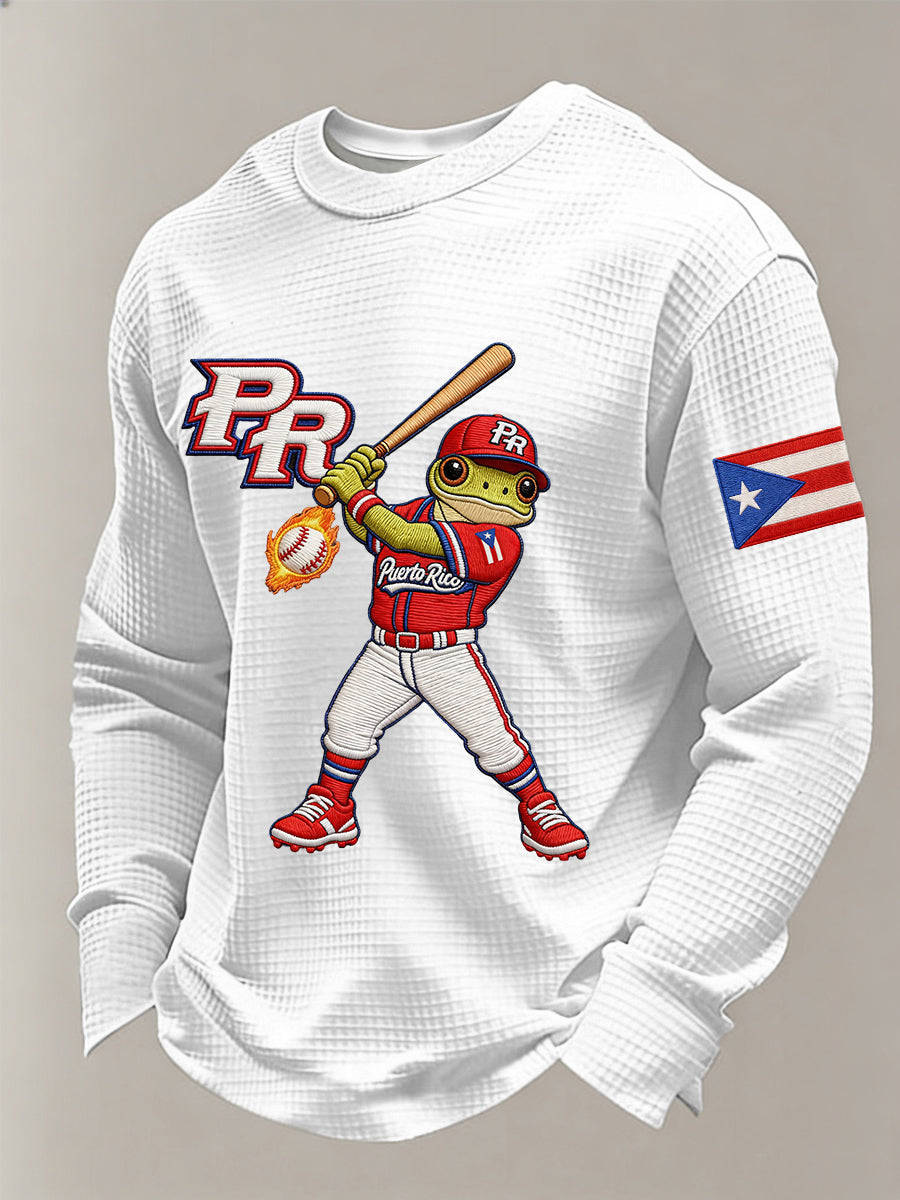 Men's Puerto Rico Baseball Print Casual Waffle Long Sleeve T-Shirt