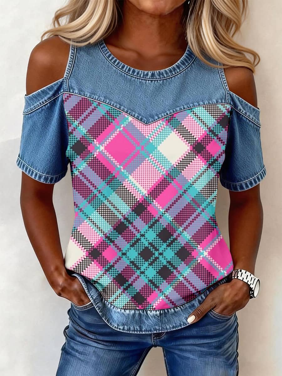 Women's Vintage Plaid Print Denim Patchwork Top